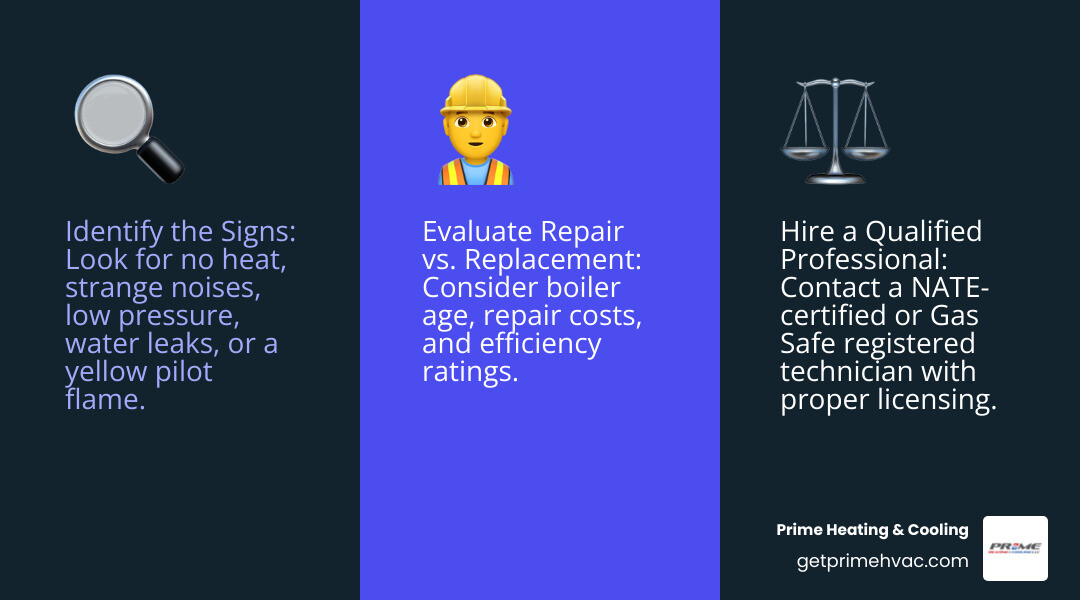 Infographic showing the 3-step boiler repair process: Step 1 - Identify signs like no heat, strange noises, low pressure, leaks, or yellow pilot flame; Step 2 - Hire a Gas Safe registered or NATE-certified technician with proper licensing and insurance; Step 3 - Compare repair costs versus replacement based on boiler age, efficiency ratings, and frequency of breakdowns - boiler repair infographic 3_facts_emoji_blue