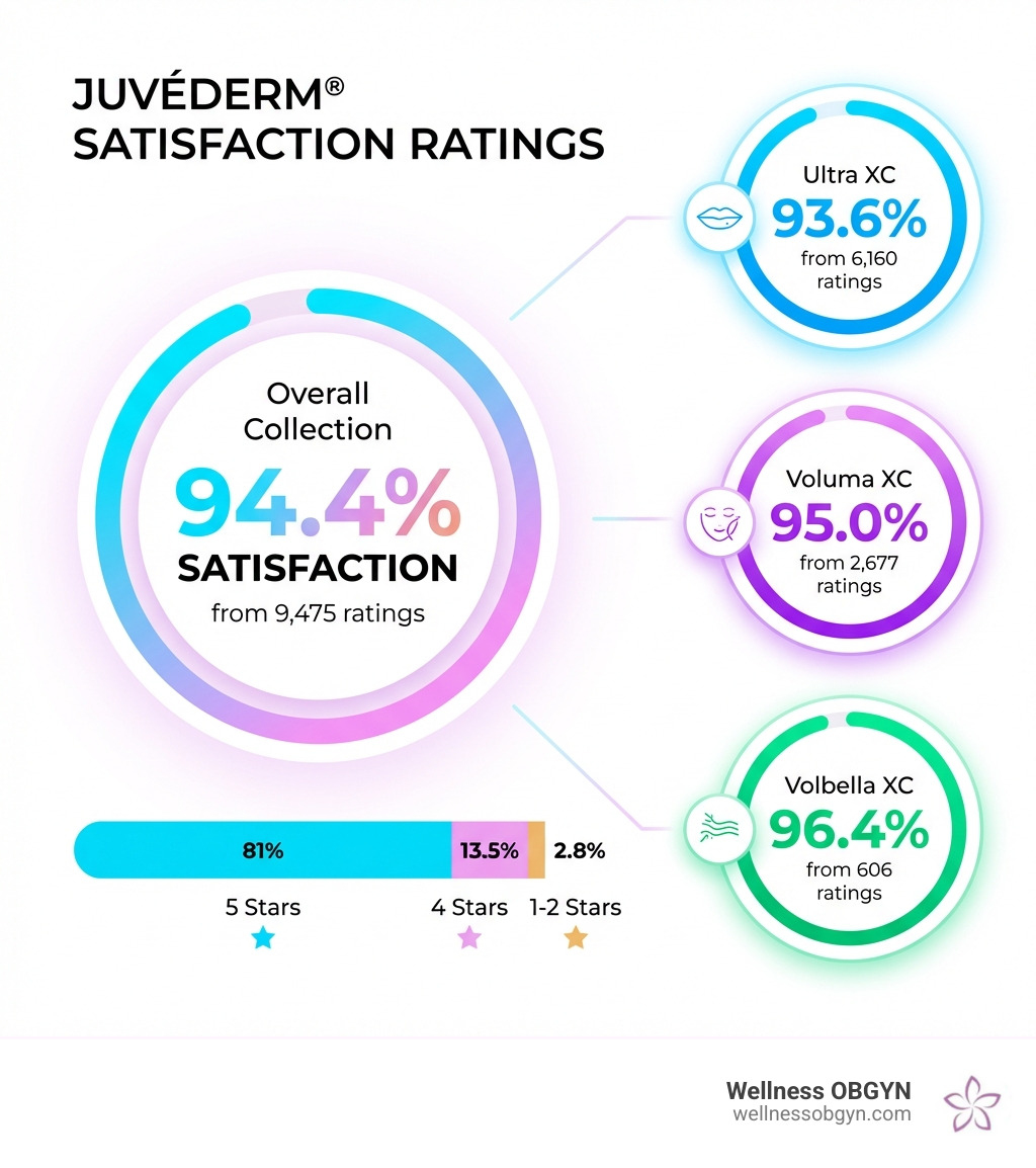 Infographic showing Juvéderm satisfaction ratings across different products: Overall collection 94.4% satisfaction from 9,475 ratings, Ultra XC 93.6% from 6,160 ratings, Voluma XC 95.0% from 2,677 ratings, Volbella XC 96.4% from 606 ratings, with breakdown showing 81% gave 5 stars, 13.5% gave 4 stars, and only 2.8% gave 1-2 stars - juvederm reviews infographic 