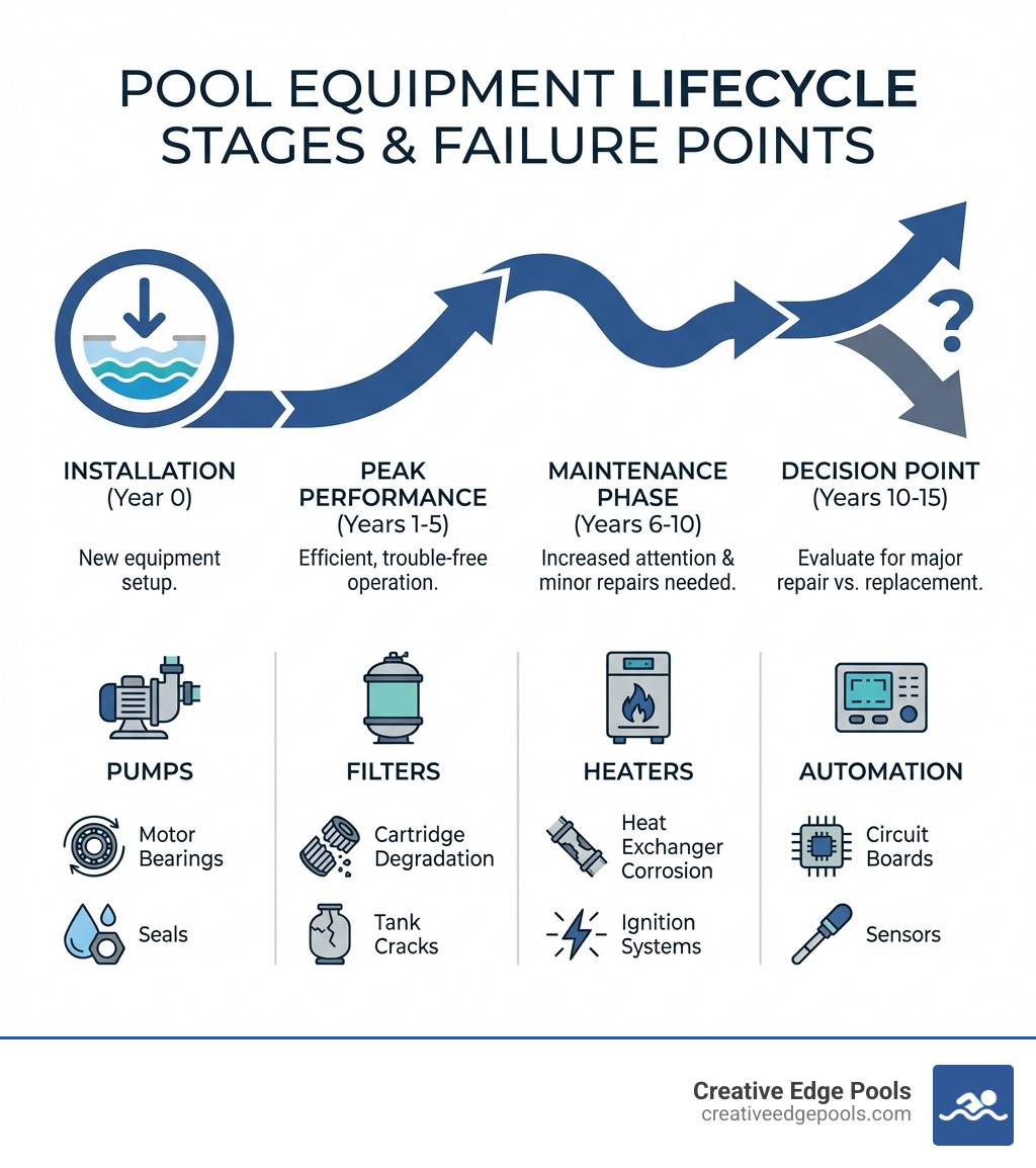 Infographic showing pool equipment lifecycle stages: Installation (Year 0), Peak Performance (Years 1-5), Maintenance Phase (Years 6-10), Decision Point (Years 10-15) with common failure points for pumps (motor bearings, seals), filters (cartridge degradation, tank cracks), heaters (heat exchanger corrosion, ignition systems), and automation (circuit boards, sensors) - pool equipment repair infographic Infographic showing pool equipment lifecycle stages: Installation (Year 0), Peak Performance (Years 1-5), Maintenance Phase (Years 6-10), Decision Point (Years 10-15) with common failure points for pumps (motor bearings, seals), filters (cartridge degradation, tank cracks), heaters (heat exchanger corrosion, ignition systems), and automation (circuit boards, sensors) - pool equipment repair infographic