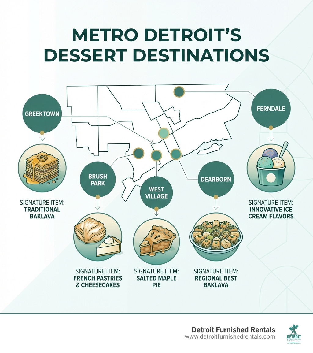 infographic showing Metro Detroit's top dessert neighborhoods including Greektown, Brush Park, West Village, Dearborn, and Ferndale with signature items from each area - Best dessert Detroit infographic 