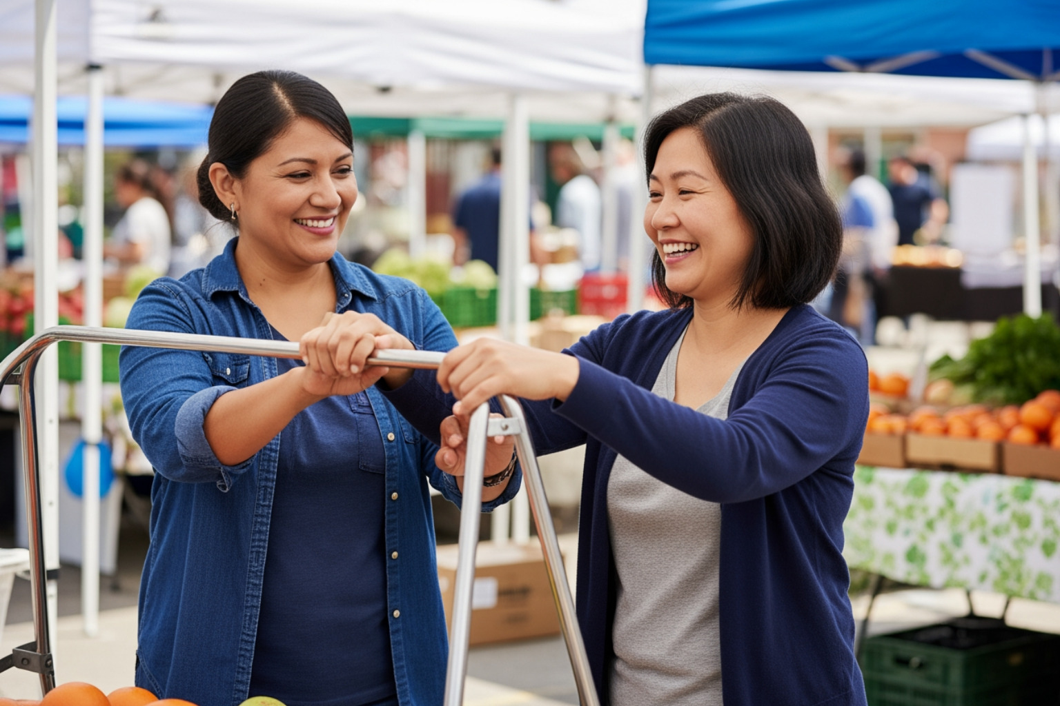 two women entrepreneurs having an animated discussion over coffee with laptops open - community for female entrepreneurs