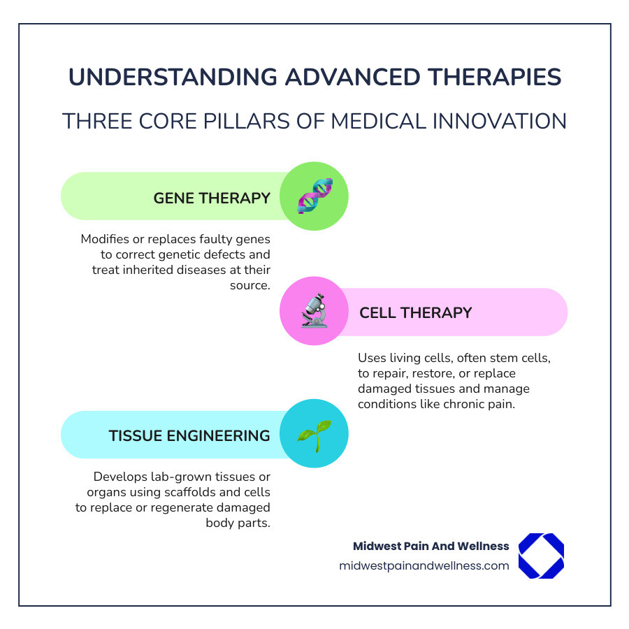 Infographic showing three main categories of advanced therapies: Gene Therapy (DNA modification and genetic correction), Cell Therapy (stem cell manipulation and tissue repair), and Tissue Engineering (scaffold-based regeneration and organ cultivation). Each category includes key applications such as rare genetic conditions, chronic pain management, and tissue replacement, with arrows indicating their convergence toward personalized healing solutions. - What are advanced therapies? infographic infographic-line-3-steps-colors