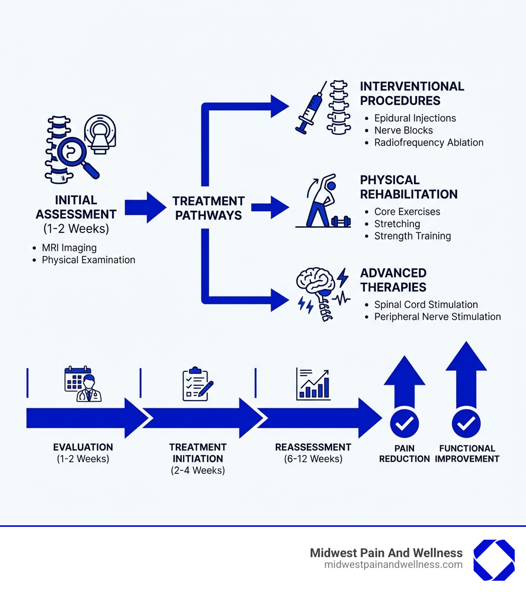 Infographic showing post-laminectomy pain treatment pathway: Initial Assessment with MRI and physical exam leads to three treatment branches - Interventional Procedures (epidural injections, nerve blocks, radiofrequency ablation), Physical Rehabilitation (core exercises, stretching, strength training), and Advanced Therapies (spinal cord stimulation, peripheral nerve stimulation). Timeline shows evaluation at 1-2 weeks, treatment initiation at 2-4 weeks, and reassessment at 6-12 weeks with outcomes measured by pain reduction and functional improvement - Post-Laminectomy Pain Treatment infographic 