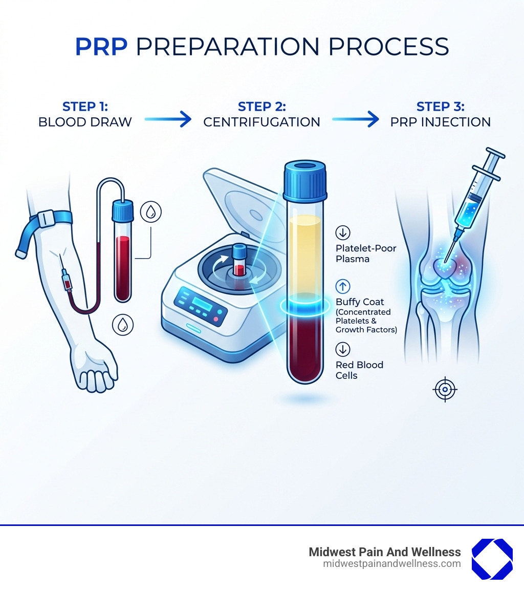 Infographic showing the three-step PRP preparation process: blood draw from patient, centrifugation to separate and concentrate platelets creating three layers (platelet-poor plasma, buffy coat with concentrated platelets, and red blood cells), and injection of concentrated PRP into the injured area - How does PRP work? infographic 