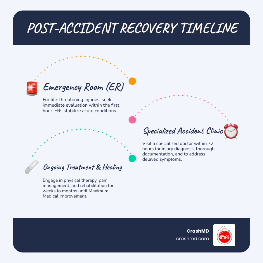 Oklahoma car crash doctor recovery timeline infographic showing immediate ER evaluation within first hour for life-threatening injuries, specialized accident clinic visit within 72 hours for injury documentation and diagnosis, ongoing treatment phase with physical therapy and pain management over weeks to months, and final settlement guidance after maximum medical improvement - Oklahoma Car Crash Doctors infographic infographic-line-3-steps-blues-accent_colors
