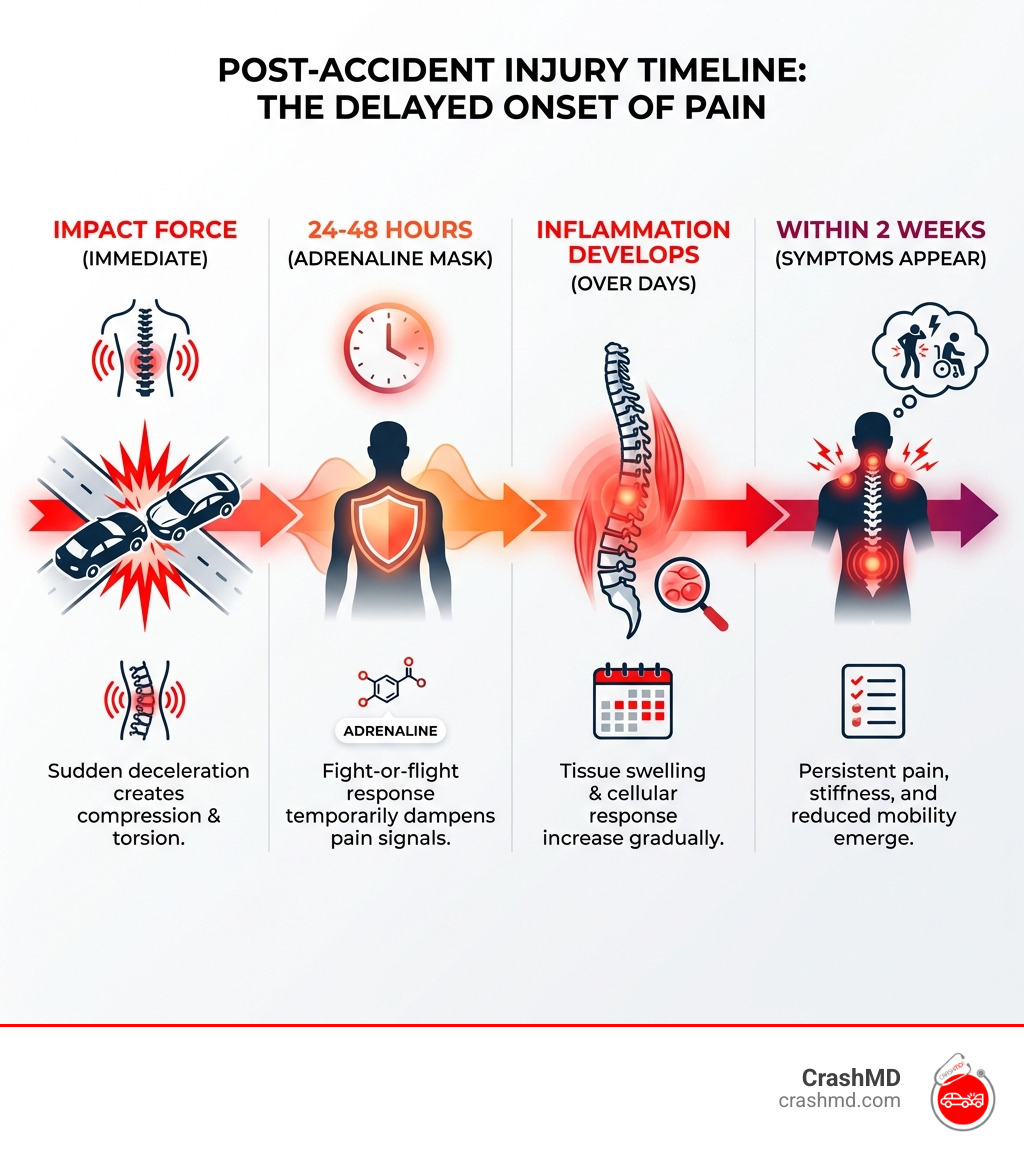 Timeline showing immediate impact forces, adrenaline masking pain for 24-48 hours, inflammation developing over days, and symptoms appearing within 2 weeks of a car accident - Back pain car accident infographic Timeline showing immediate impact forces, adrenaline masking pain for 24-48 hours, inflammation developing over days, and symptoms appearing within 2 weeks of a car accident - Back pain car accident infographic
