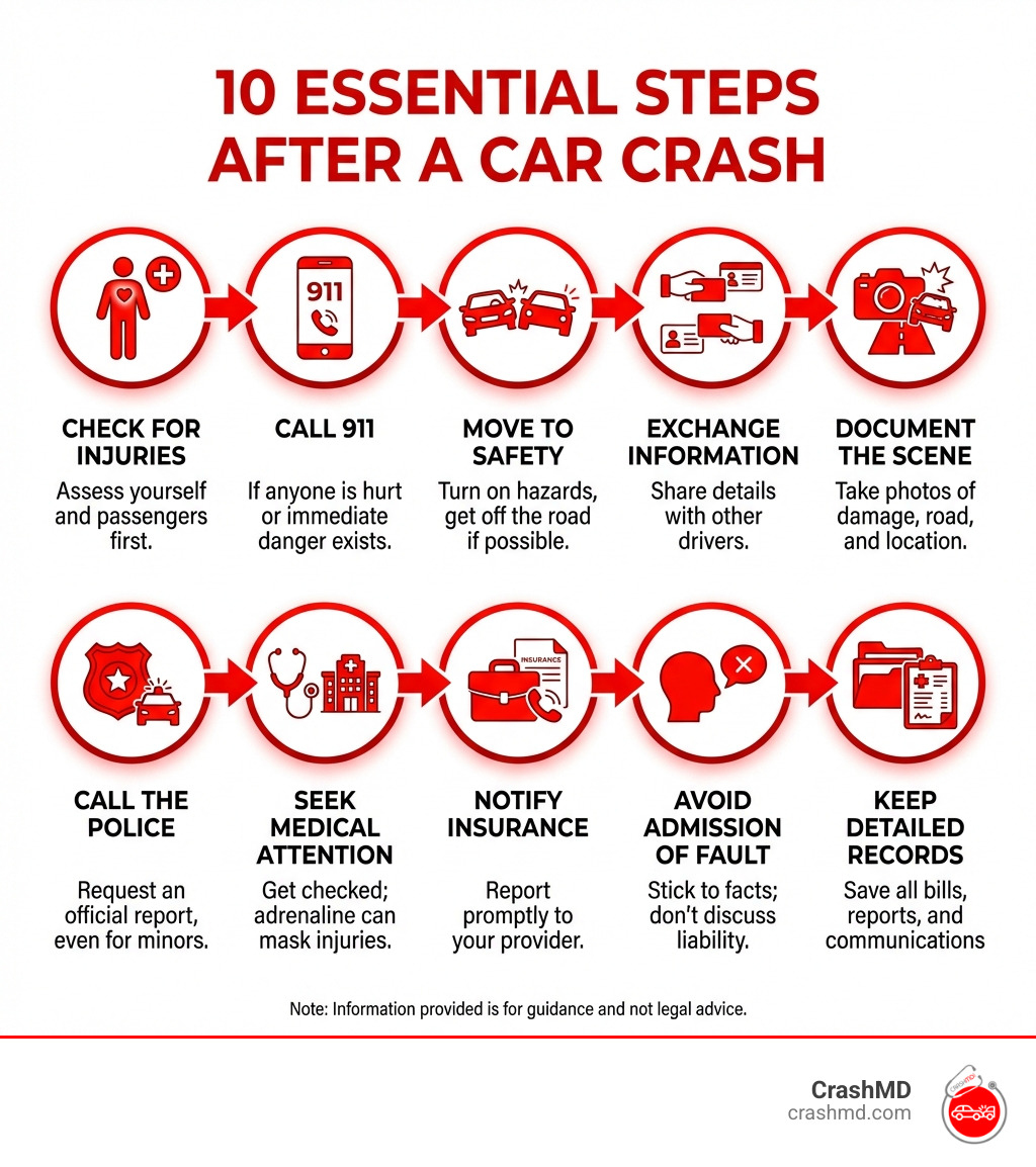 infographic showing 10 essential steps after a car crash including checking for injuries, calling 911, moving to safety, exchanging information with other drivers, documenting the scene with photos, calling police for official report, seeking immediate medical attention, notifying insurance company, avoiding admission of fault, and keeping detailed records of all expenses and treatments - After car crash infographic 