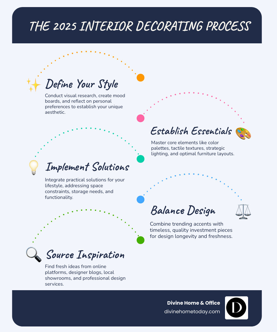infographic showing the interior decorating process with five stages: define your style through visual research and mood boards, establish essential elements including color texture and lighting, implement practical solutions for your lifestyle and space constraints, balance trending accents with timeless investment pieces, and source inspiration from online platforms local showrooms and design professionals - Interior decor ideas infographic infographic-line-5-steps-blues-accent_colors