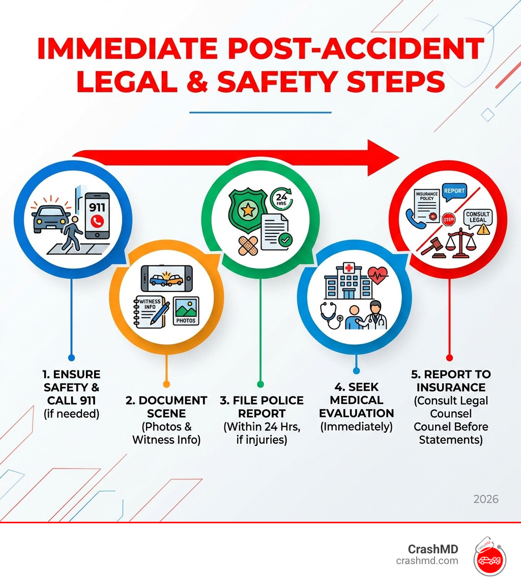 infographic showing 5 immediate steps after a car accident: 1. Ensure safety and call 911 if needed, 2. Document the scene with photos and witness info, 3. File a police report within 24 hours if injuries occurred, 4. Seek medical evaluation immediately, 5. Report to insurance but consult legal counsel before giving statements - Car accident legal infographic infographic showing 5 immediate steps after a car accident: 1. Ensure safety and call 911 if needed, 2. Document the scene with photos and witness info, 3. File a police report within 24 hours if injuries occurred, 4. Seek medical evaluation immediately, 5. Report to insurance but consult legal counsel before giving statements - Car accident legal infographic