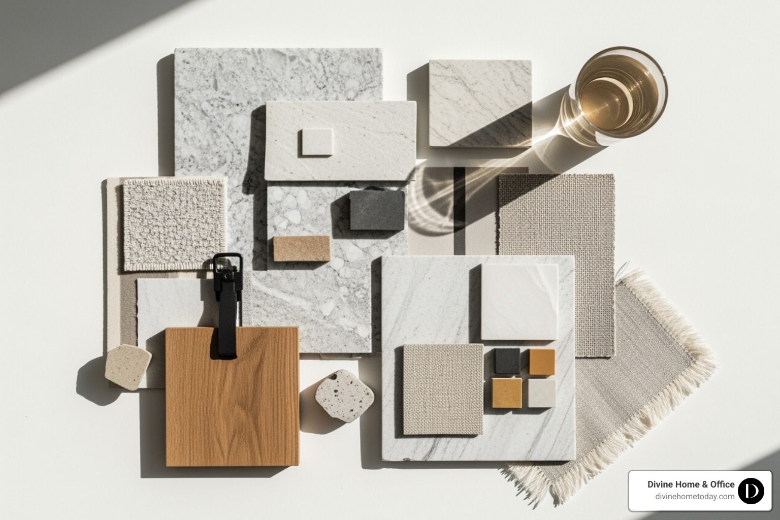 Curated mood board for a modern mountain luxury home, featuring swatches of natural stone, warm wood, textured fabrics, and a subtle color palette, elegantly arranged on a clean white surface with bright natural light. - Interior decor ideas