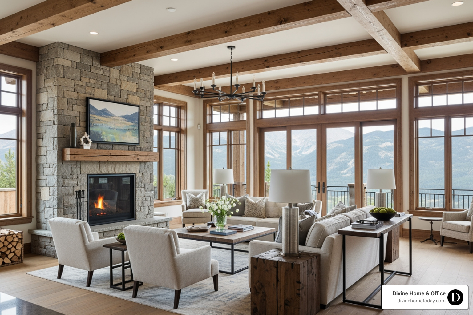 Luxury Colorado mountain living room with stone fireplace, timber beams, warm wood floors, natural textures, floor-to-ceiling windows with mountain views, modern rustic decor, soft bright light, polished and inviting feel, no English or Victorian styles. - Interior decor ideas