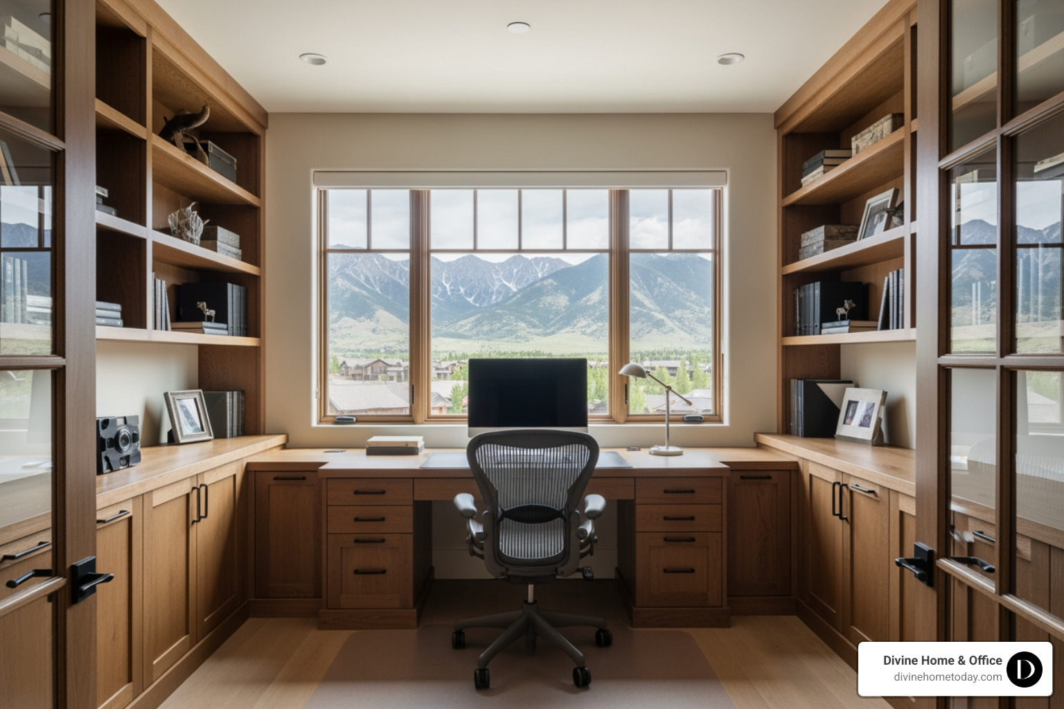 Organized home office in a Denver luxury home, custom built-ins in warm wood, minimalist desk, ergonomic chair, large window with mountain view, bright natural light, clean and functional design, no clutter. - Interior decor ideas