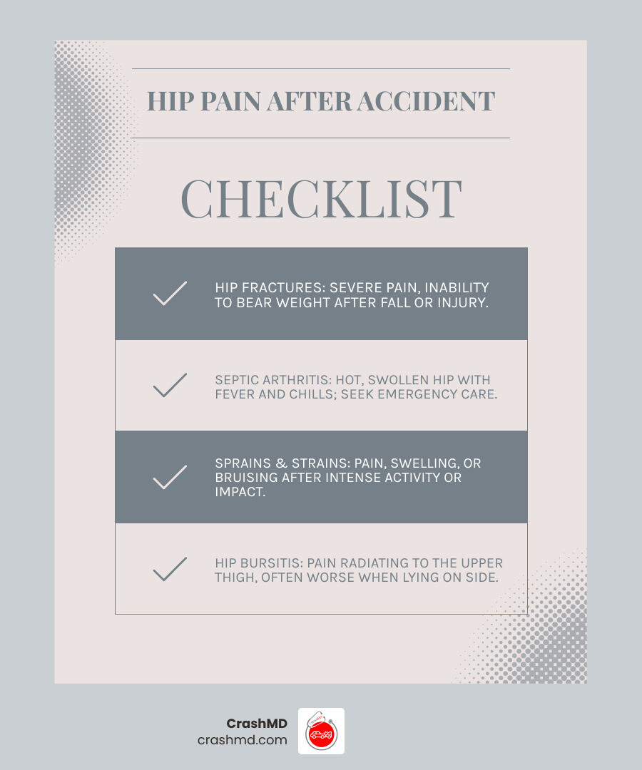 Infographic showing six main causes of hip pain after injury: hip fractures causing severe pain and inability to walk, sprains and strains from exercise with swelling and bruising, osteoarthritis with stiffness that improves with movement, rheumatoid arthritis with morning stiffness, hip bursitis with pain radiating to the thigh, and septic arthritis with fever and hot swollen hip requiring emergency care - Hip pain after infographic checklist-light-blue-grey
