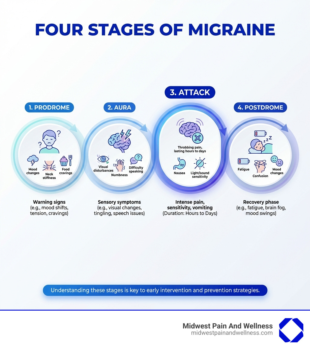 infographic explaining the four stages of migraine: Prodrome (warning signs like mood changes, neck stiffness, food cravings), Aura (visual disturbances, numbness, difficulty speaking), Attack (throbbing pain, nausea, light/sound sensitivity lasting hours to days), and Postdrome (fatigue, confusion, mood changes after the migraine ends) - How to prevent migraine headaches? infographic 