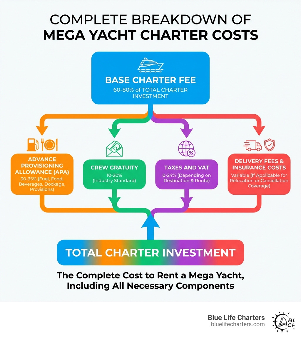 Infographic showing the complete breakdown of mega yacht charter costs: Base Charter Fee (60-80% of total), Advance Provisioning Allowance 30-35% (fuel, food, beverages, dockage, provisions), Crew Gratuity 10-20%, Taxes and VAT 0-24% depending on destination, Delivery Fees if applicable, and Insurance costs. Visual flow chart showing how these components add up to the total charter investment. - cost to rent a mega yacht infographic 