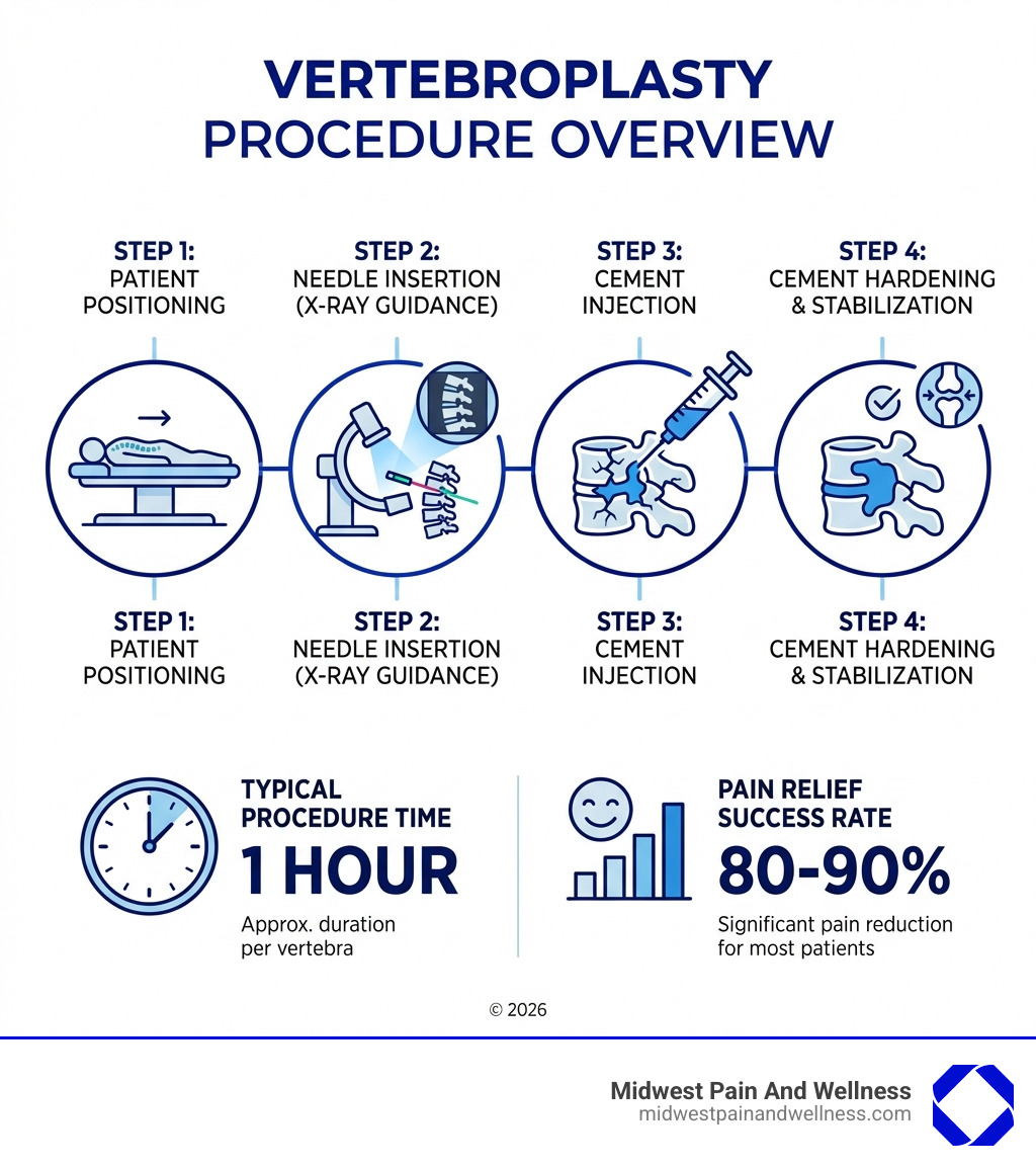 Vertebroplasty procedure overview showing the key steps: patient positioning, needle insertion using X-ray guidance, cement injection into fractured vertebra, and cement hardening to stabilize the bone. Includes typical procedure time of one hour and success rate of 80-90% for pain relief. - What is vertebroplasty infographic 