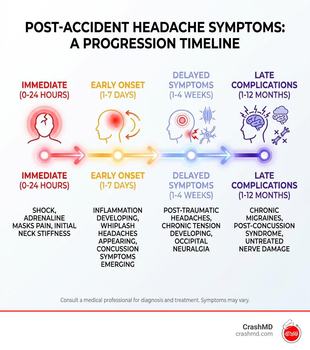 infographic showing timeline of post-accident headache symptoms: immediate symptoms (0-24 hours) include shock, adrenaline masking pain, initial neck stiffness; early onset (1-7 days) shows inflammation developing, whiplash headaches appearing, concussion symptoms emerging; delayed symptoms (1-4 weeks) feature post-traumatic headaches, chronic tension developing, and occipital neuralgia; late complications (1-12 months) indicate chronic migraines, post-concussion syndrome, and untreated nerve damage - headache after car crash infographic 