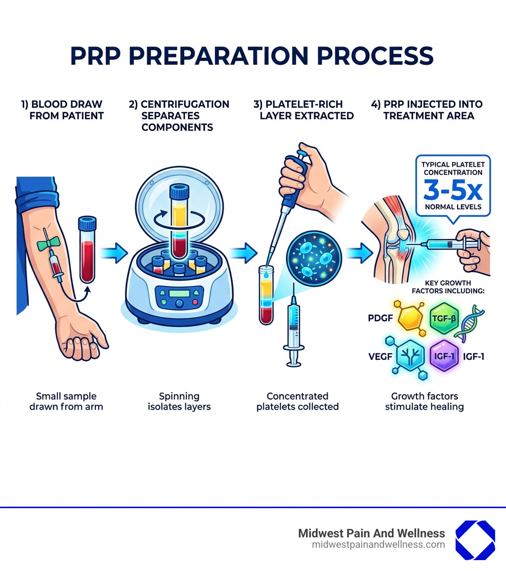 Infographic showing PRP preparation: 1) Blood draw from patient 2) Centrifugation separates blood components 3) Platelet-rich layer extracted 4) PRP injected into treatment area, with typical platelet concentration 3-5x normal levels and key growth factors including PDGF, TGF-β, VEGF, and IGF-1 - How effective is PRP? infographic 
