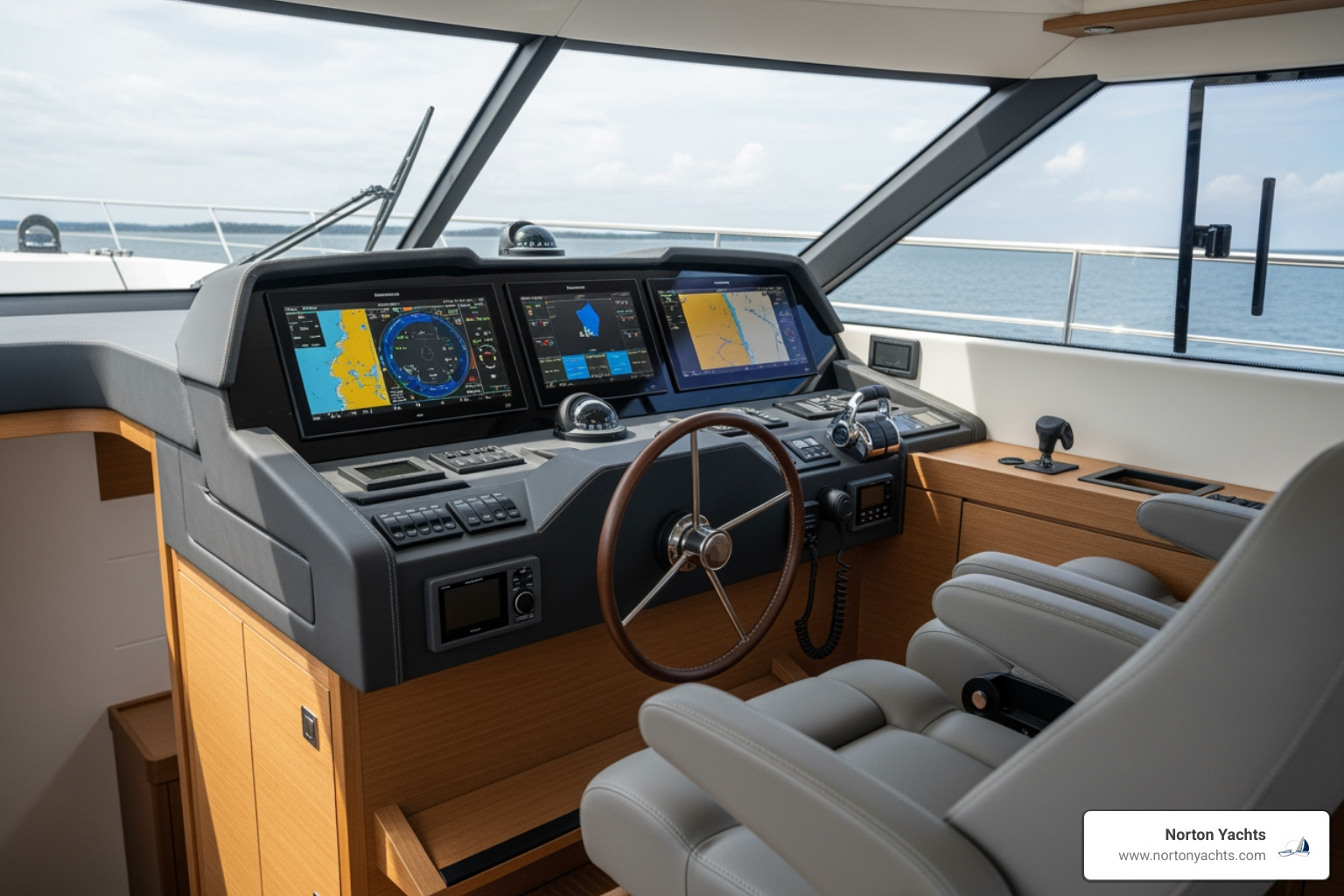 NC 895 helm station with modern navigation equipment and comfortable seating - NC 895 for sale