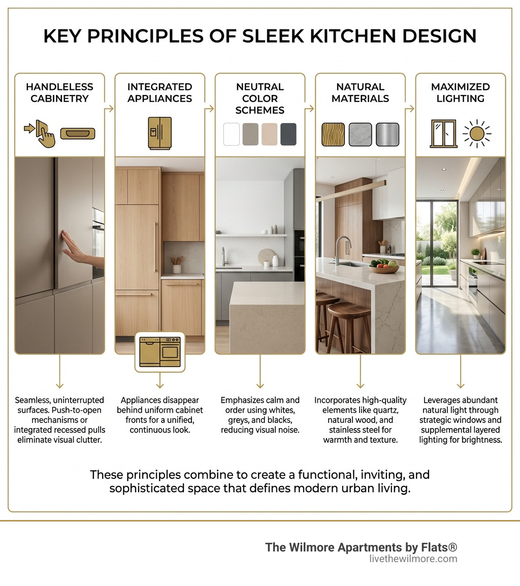 infographic showing the key principles of sleek kitchen design including handleless cabinetry, integrated appliances, neutral color schemes, natural materials, and maximized lighting with visual examples of each element - sleek kitchen design infographic 