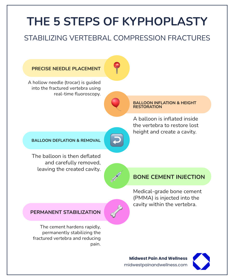 Infographic showing the 4 steps of kyphoplasty: 1) A hollow needle (trocar) is inserted into the fractured vertebra using fluoroscopy guidance, 2) A balloon is inflated inside the vertebra to restore height and create a cavity, 3) The balloon is removed and medical-grade bone cement (PMMA) is injected into the cavity, 4) The cement hardens within 20 minutes to permanently stabilize the fracture - What is kyphoplasty infographic infographic-line-5-steps-colors