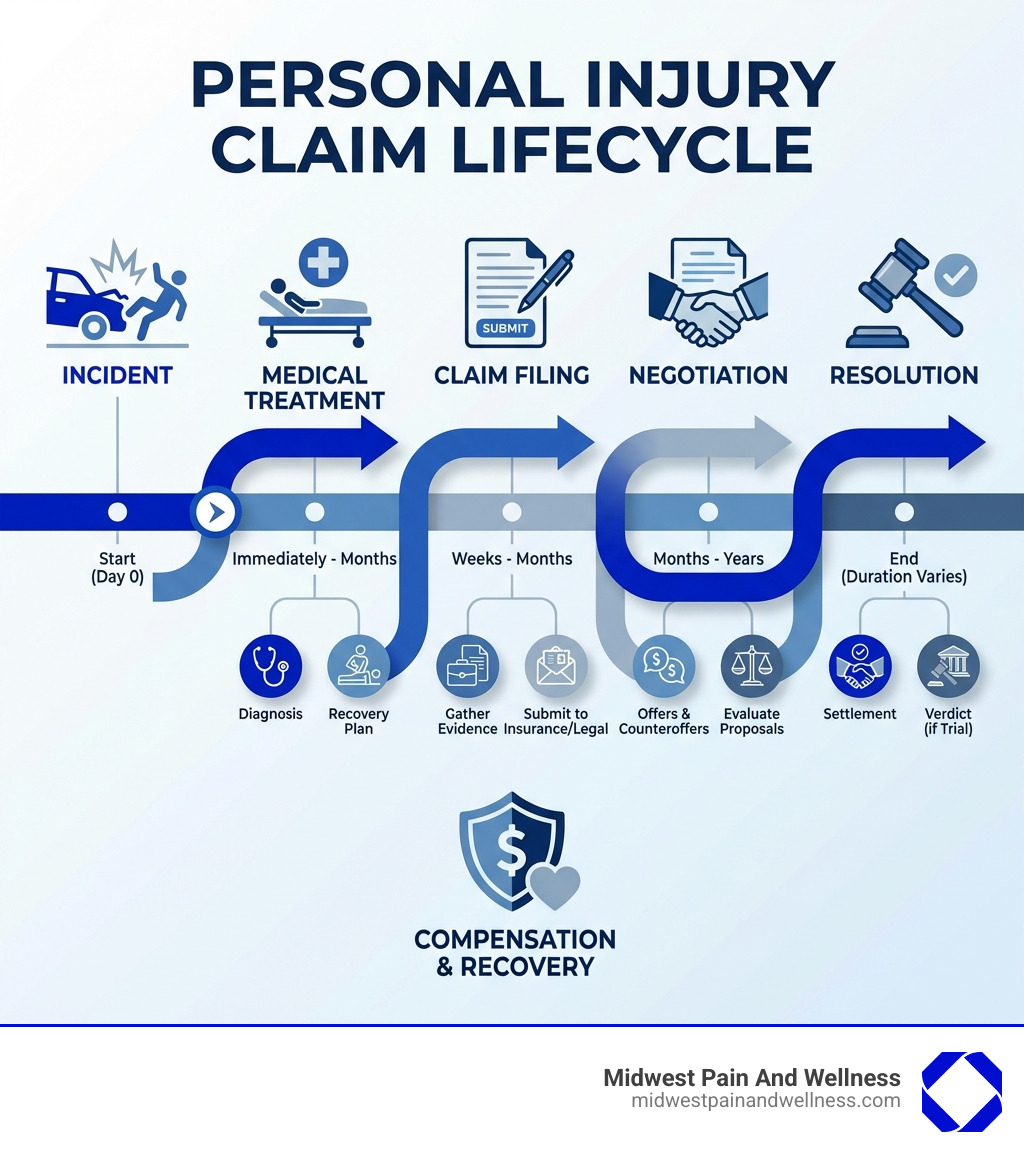 infographic showing the personal injury claim lifecycle from incident through medical treatment, claim filing, negotiation, and resolution, with typical timelines and key milestones at each stage - What is personal injury? infographic 