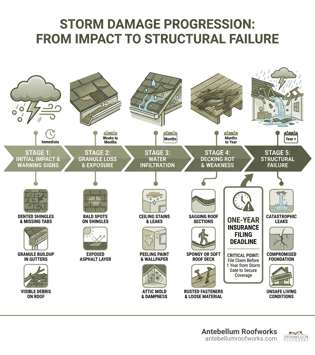 infographic showing the timeline of storm damage progression from initial impact through granule loss, water infiltration, decking rot, and eventual structural failure, with key warning signs at each stage and the one-year insurance filing deadline highlighted - storm damage franklin tn infographic infographic showing the timeline of storm damage progression from initial impact through granule loss, water infiltration, decking rot, and eventual structural failure, with key warning signs at each stage and the one-year insurance filing deadline highlighted - storm damage franklin tn infographic