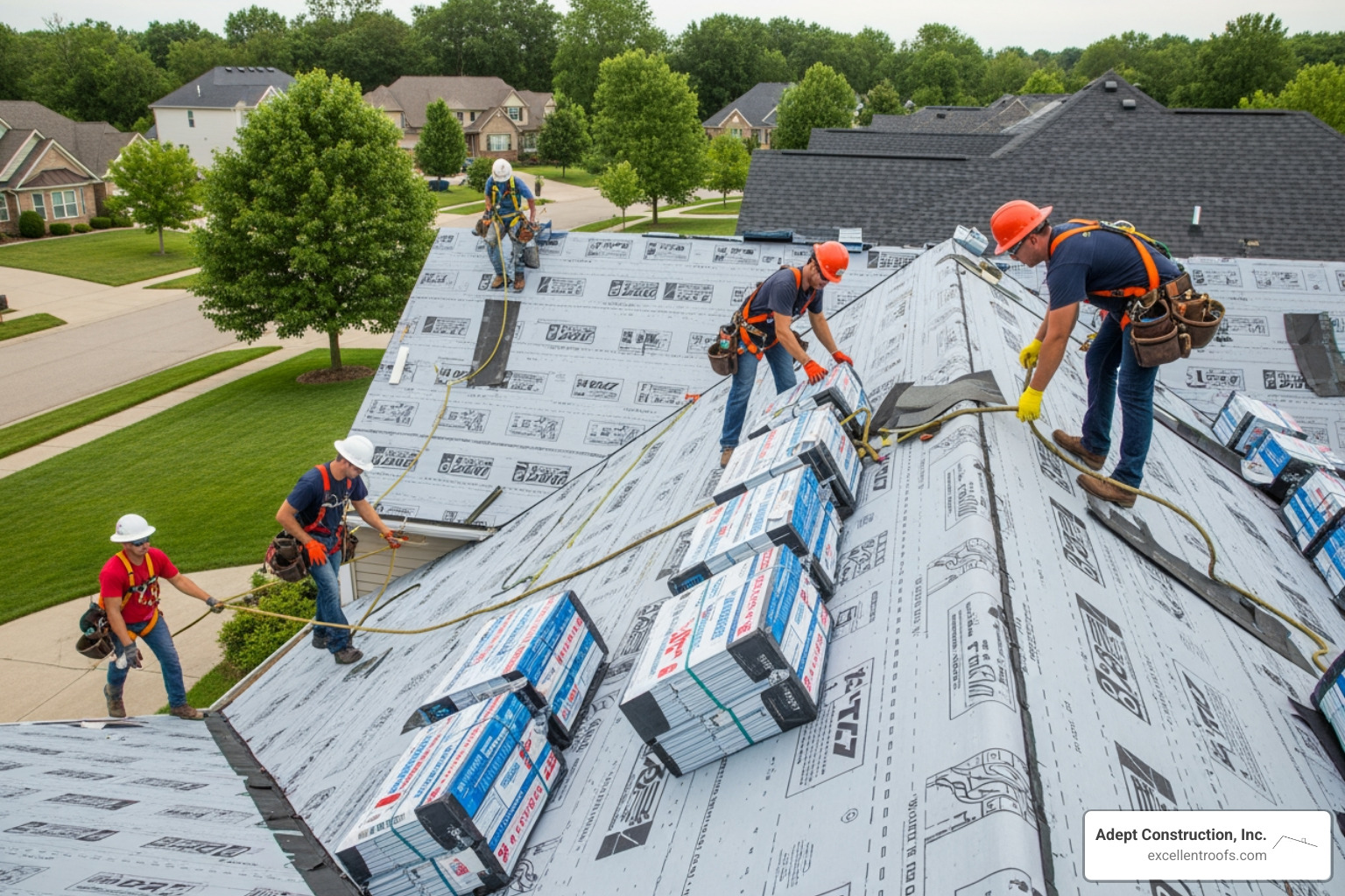 Professional roof replacement in progress - storm restoration Downers Grove