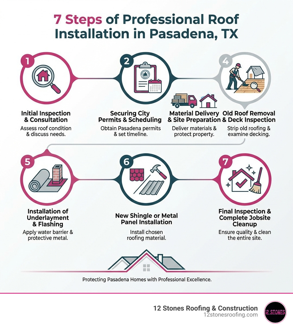 Infographic showing the 7 steps of professional roof installation in Pasadena TX: 1) Initial inspection and consultation, 2) Securing city permits and scheduling, 3) Material delivery and site preparation, 4) Old roof removal and deck inspection, 5) Installation of underlayment and flashing, 6) New shingle or metal panel installation, 7) Final inspection and complete jobsite cleanup - roof installation pasadena tx infographic Infographic showing the 7 steps of professional roof installation in Pasadena TX: 1) Initial inspection and consultation, 2) Securing city permits and scheduling, 3) Material delivery and site preparation, 4) Old roof removal and deck inspection, 5) Installation of underlayment and flashing, 6) New shingle or metal panel installation, 7) Final inspection and complete jobsite cleanup - roof installation pasadena tx infographic
