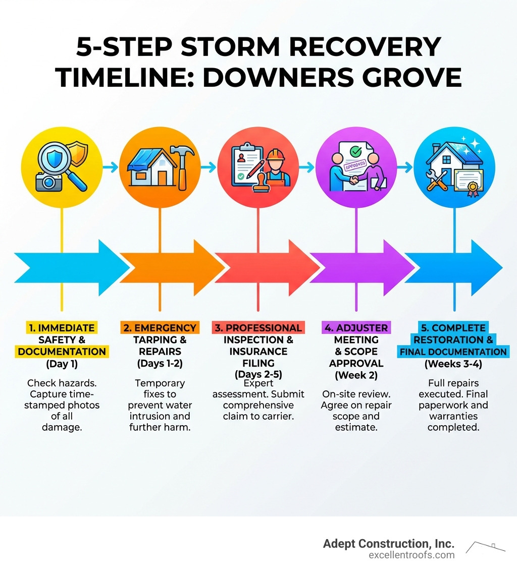 Infographic showing the 5-step storm recovery timeline: 1) Immediate Safety Assessment and Documentation (Day 1), 2) Emergency Tarping and Temporary Repairs (Days 1-2), 3) Professional Inspection and Insurance Filing (Days 2-5), 4) Adjuster Meeting and Scope Approval (Week 2), 5) Complete Restoration and Final Documentation (Weeks 3-4) - storm restoration Downers Grove infographic 