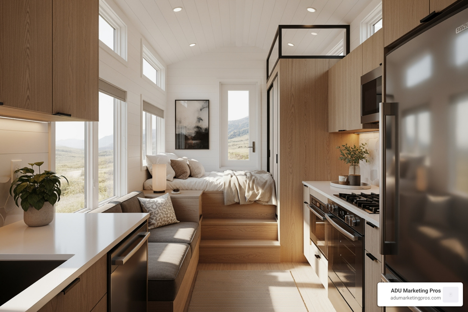 sleek, interior view of a 400-square-foot tiny home with high ceilings - tiny homes san francisco bay area