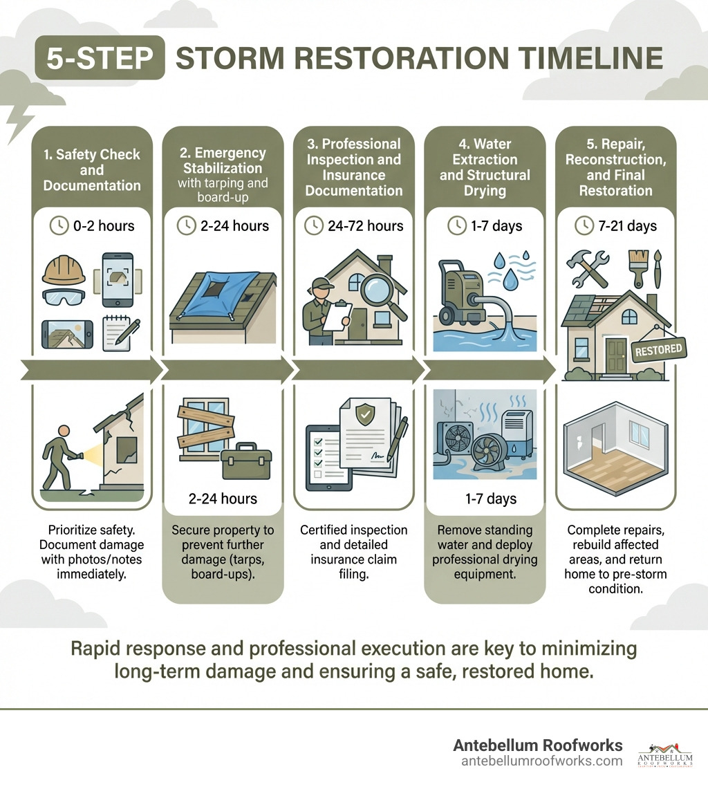 Infographic explaining the 5-step storm restoration timeline: 1. Safety Check and Documentation (0-2 hours), 2. Emergency Stabilization with tarping and board-up (2-24 hours), 3. Professional Inspection and Insurance Documentation (24-72 hours), 4. Water Extraction and Structural Drying (1-7 days), 5. Repair, Reconstruction, and Final Restoration (7-21 days) - storm damage restoration franklin infographic 