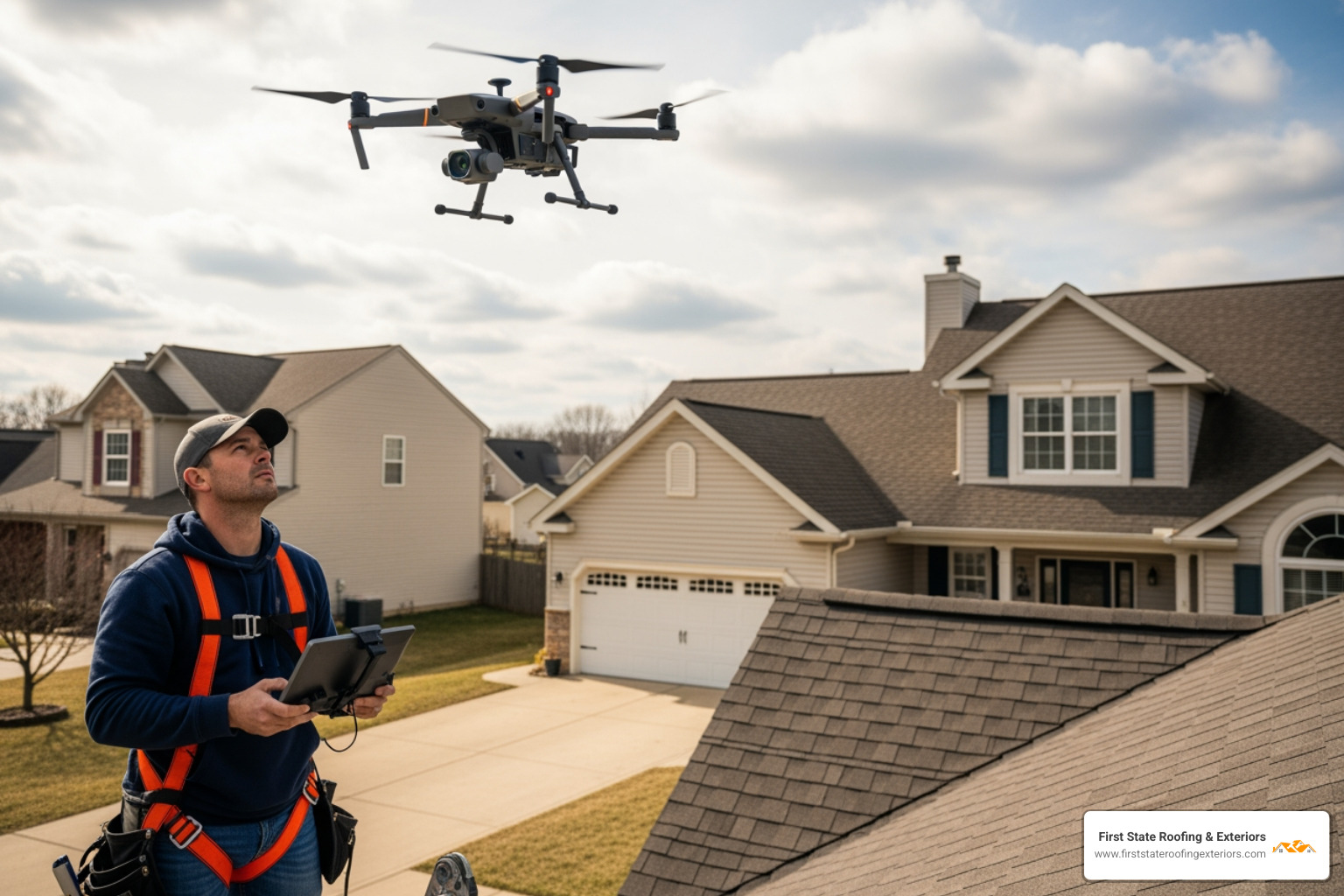 A roofing professional, wearing a safety harness, operating a drone to inspect a residential roof in Milford, DE - free roof estimate Milford A roofing professional, wearing a safety harness, operating a drone to inspect a residential roof in Milford, DE - free roof estimate Milford