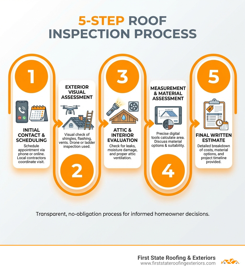 detailed infographic showing the 5-step roof inspection process including initial contact and scheduling, exterior visual assessment with drone or ladder inspection, attic and interior evaluation for leaks and ventilation, measurement and material assessment using digital tools, and final written estimate with pricing breakdown and timeline - free roof estimate Milford infographic detailed infographic showing the 5-step roof inspection process including initial contact and scheduling, exterior visual assessment with drone or ladder inspection, attic and interior evaluation for leaks and ventilation, measurement and material assessment using digital tools, and final written estimate with pricing breakdown and timeline - free roof estimate Milford infographic