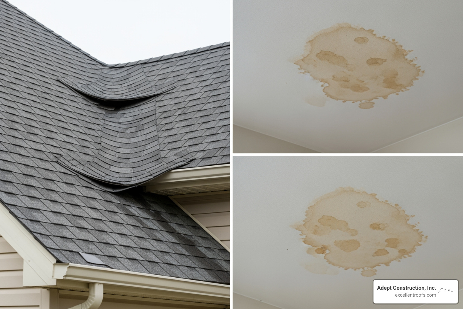 common signs of roof damage like curled shingles and water spots - roof repair Downers Grove IL
