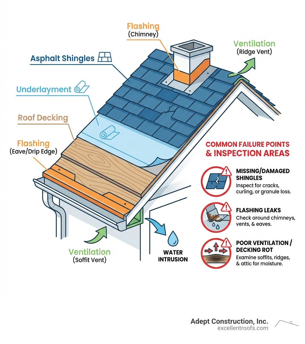 detailed infographic showing the anatomy of a typical asphalt shingle roof system with labeled components including underlayment, flashing, shingles, ventilation, and decking, plus common failure points and inspection areas - roof repair Downers Grove IL infographic 