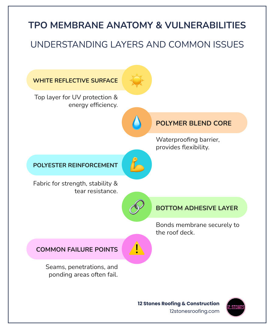Infographic showing TPO membrane cross-section with layers including white reflective surface, polymer blend core, polyester reinforcement fabric, and bottom adhesive layer, plus common failure points at seams, penetrations, and ponding areas - TPO roof membrane problems infographic infographic-line-5-steps-colors Infographic showing TPO membrane cross-section with layers including white reflective surface, polymer blend core, polyester reinforcement fabric, and bottom adhesive layer, plus common failure points at seams, penetrations, and ponding areas - TPO roof membrane problems infographic infographic-line-5-steps-colors