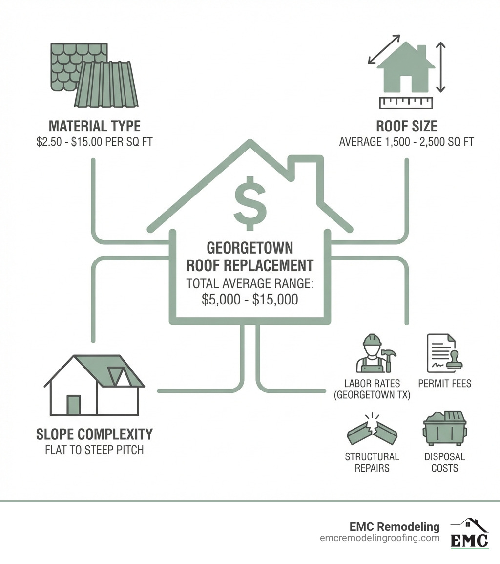 Infographic showing roof replacement cost factors including material type ($2.50-$15.00 per sq ft), roof size (average 1,500-2,500 sq ft), slope complexity (flat to steep pitch), labor rates in Georgetown TX, permit fees, structural repairs, and disposal costs, with total average range of $5,000-$15,000 - affordable roofing Georgetown infographic Infographic showing roof replacement cost factors including material type ($2.50-$15.00 per sq ft), roof size (average 1,500-2,500 sq ft), slope complexity (flat to steep pitch), labor rates in Georgetown TX, permit fees, structural repairs, and disposal costs, with total average range of $5,000-$15,000 - affordable roofing Georgetown infographic