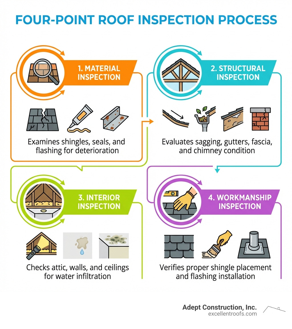 Infographic showing the four-point roof inspection process: Material Inspection examines shingles, seals, and flashing for deterioration; Structural Inspection evaluates sagging, gutters, fascia, and chimney condition; Interior Inspection checks attic, walls, and ceilings for water infiltration; Workmanship Inspection verifies proper shingle placement and flashing installation - Downers Grove roof inspection infographic Infographic showing the four-point roof inspection process: Material Inspection examines shingles, seals, and flashing for deterioration; Structural Inspection evaluates sagging, gutters, fascia, and chimney condition; Interior Inspection checks attic, walls, and ceilings for water infiltration; Workmanship Inspection verifies proper shingle placement and flashing installation - Downers Grove roof inspection infographic