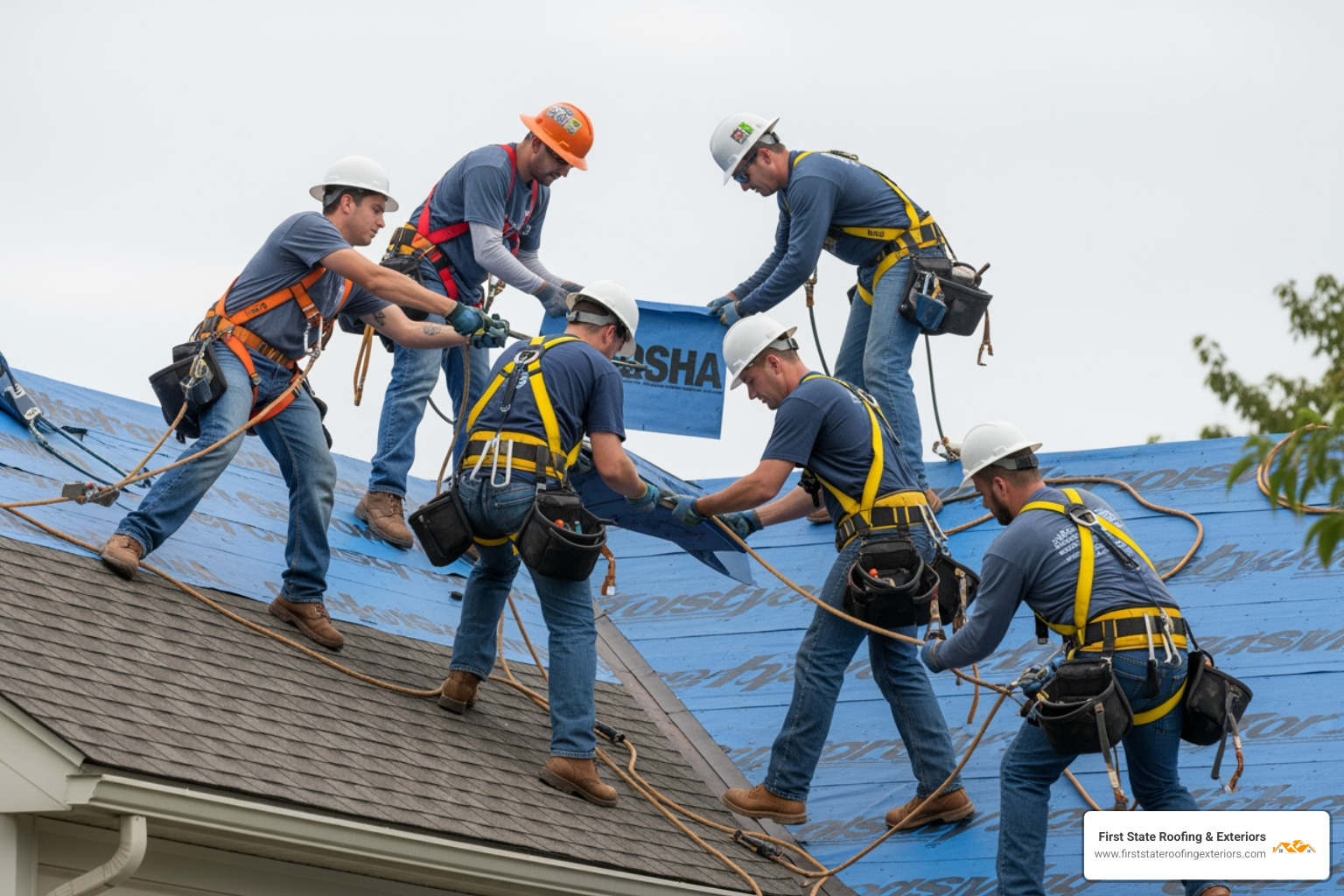 A professional roofing crew wearing OSHA-compliant safety harnesses performing a roof installation on a residential home in Milford, DE, with a focus on teamwork and safety. - roofing contractors milford A professional roofing crew wearing OSHA-compliant safety harnesses performing a roof installation on a residential home in Milford, DE, with a focus on teamwork and safety. - roofing contractors milford