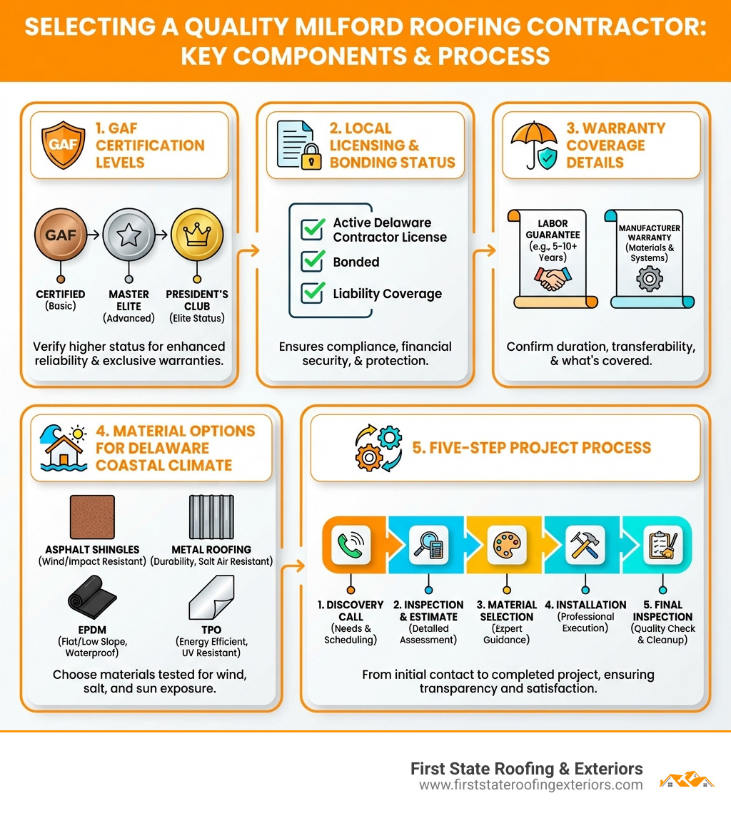 Infographic showing key components of selecting a quality Milford roofing contractor including verification of GAF certification levels, local licensing and bonding status, warranty coverage details, material options for Delaware coastal climate, and the five-step project process from discovery call through final inspection - roofing contractors milford infographic Infographic showing key components of selecting a quality Milford roofing contractor including verification of GAF certification levels, local licensing and bonding status, warranty coverage details, material options for Delaware coastal climate, and the five-step project process from discovery call through final inspection - roofing contractors milford infographic