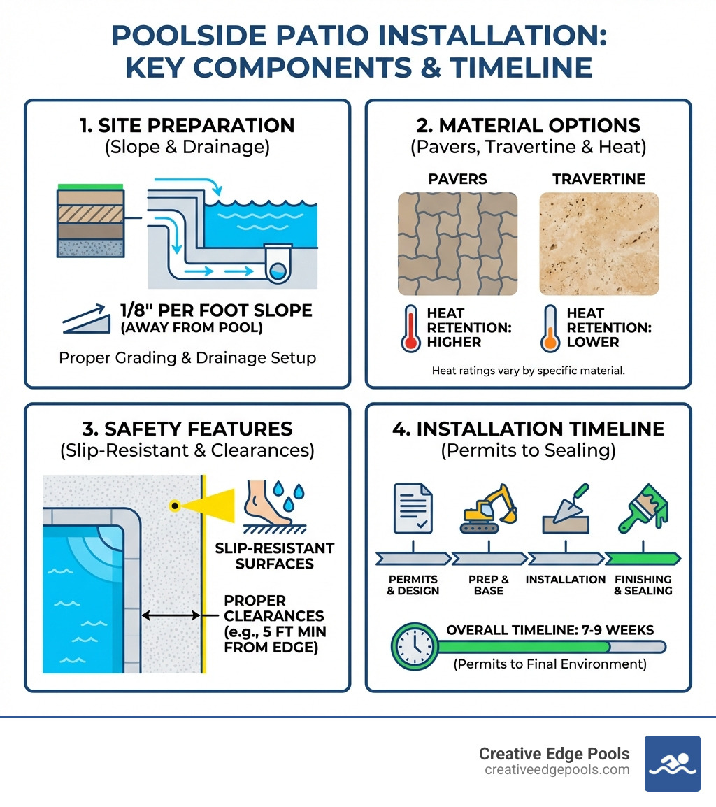 infographic showing the key components of poolside patio installation including site preparation with proper slope and drainage, material options like pavers and travertine with heat retention ratings, safety features like slip-resistant surfaces and proper clearances, and installation timeline from permits through final sealing - poolside patio installation infographic 