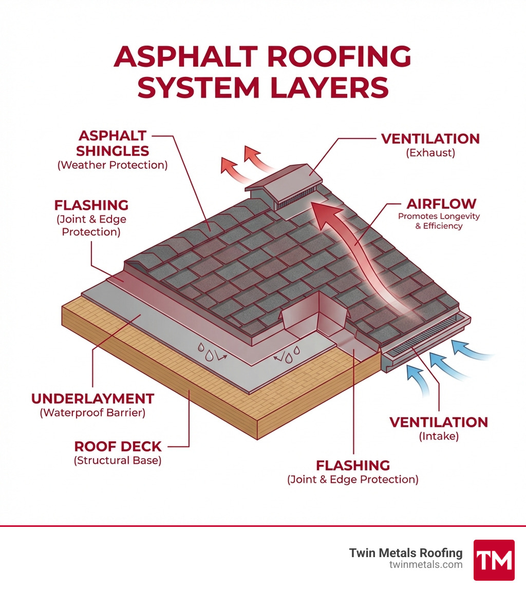 Diagram showing layers of asphalt roofing system including shingles, underlayment, deck, flashing, and ventilation components - Arlington MA shingle roofing infographic Diagram showing layers of asphalt roofing system including shingles, underlayment, deck, flashing, and ventilation components - Arlington MA shingle roofing infographic