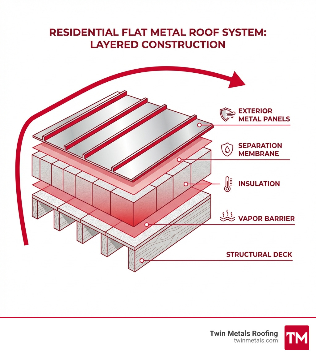 detailed infographic showing the layered construction of a residential flat metal roof system including structural deck, vapor barrier, insulation, separation membrane, and exterior metal panels with labeled components - residential flat metal roof infographic detailed infographic showing the layered construction of a residential flat metal roof system including structural deck, vapor barrier, insulation, separation membrane, and exterior metal panels with labeled components - residential flat metal roof infographic