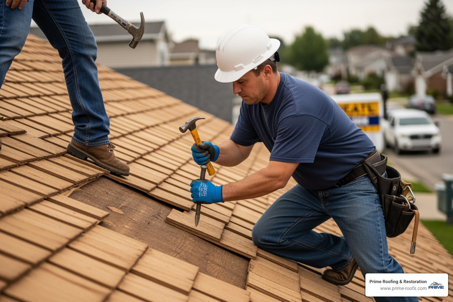 contractor replacing a single wood shake - wood shake roof repair