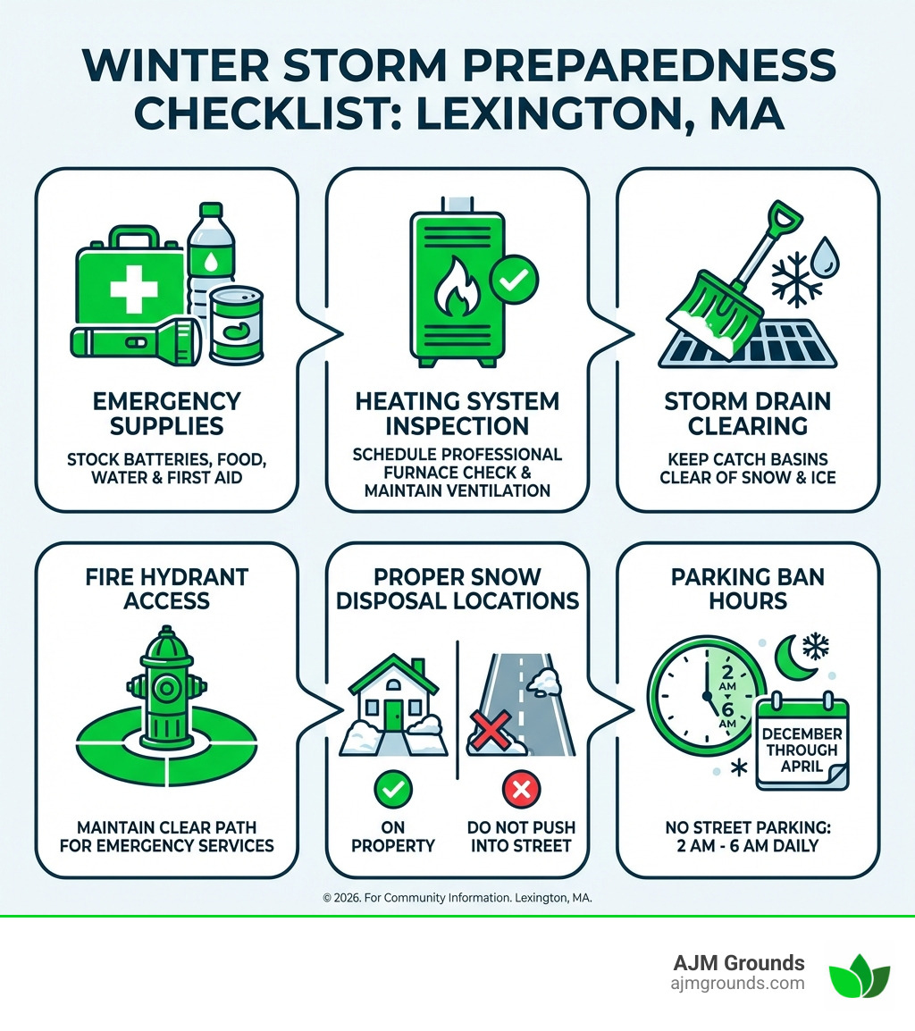 Infographic showing winter storm preparedness checklist including emergency supplies, heating system inspection, storm drain clearing, fire hydrant access, proper snow disposal locations, and parking ban hours from 2 AM to 6 AM December through April - Snow removal Lexington MA infographic Infographic showing winter storm preparedness checklist including emergency supplies, heating system inspection, storm drain clearing, fire hydrant access, proper snow disposal locations, and parking ban hours from 2 AM to 6 AM December through April - Snow removal Lexington MA infographic