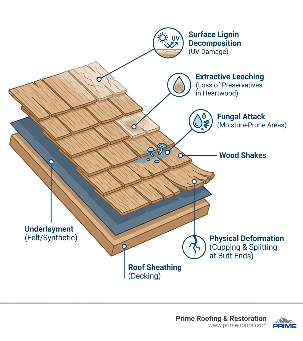 Infographic showing the anatomy of a wood shake roof, including layers from sheathing to shakes, with labeled common failure points such as lignin decomposition at the surface, extractive leaching in the heartwood, fungal attack at moisture-prone areas, and physical deformation like cupping and splitting at butt ends - wood shake roof repair infographic 