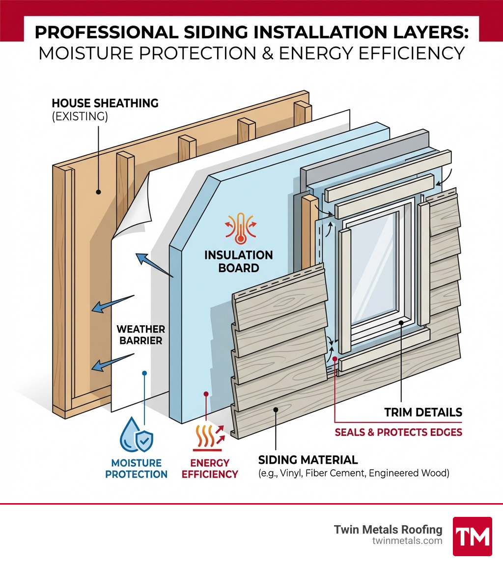 infographic showing the layers of professional siding installation including weather barrier, insulation board, siding material, and trim details with labels for moisture protection and energy efficiency - Exterior siding Lowell infographic infographic showing the layers of professional siding installation including weather barrier, insulation board, siding material, and trim details with labels for moisture protection and energy efficiency - Exterior siding Lowell infographic