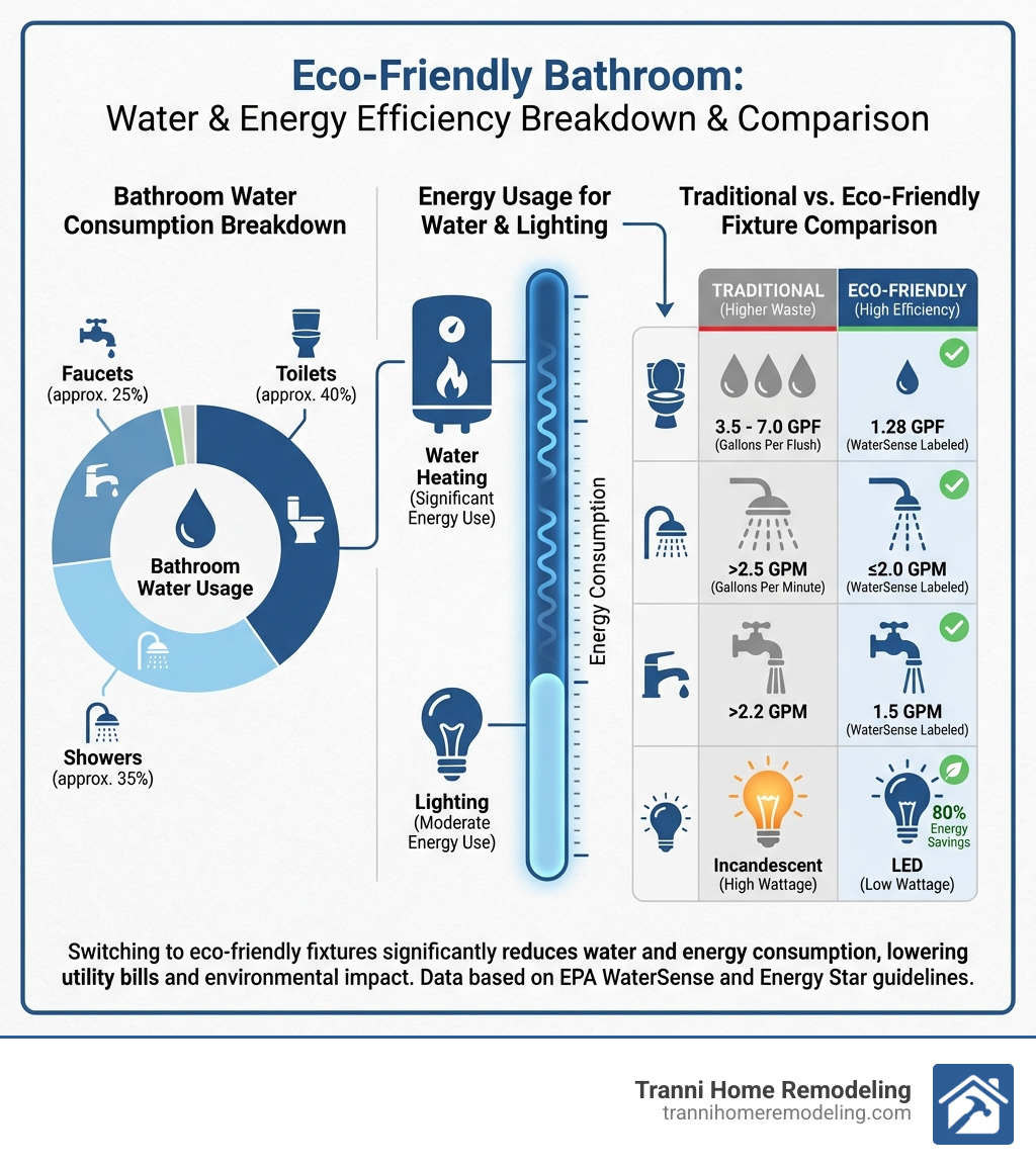 infographic showing bathroom water consumption breakdown by fixture type, energy usage for water heating and lighting, and comparison of traditional vs eco-friendly fixture specifications including gallons per flush for toilets, flow rates for showerheads and faucets, and energy savings percentages for LED lighting - Eco-friendly bathroom remodel infographic 