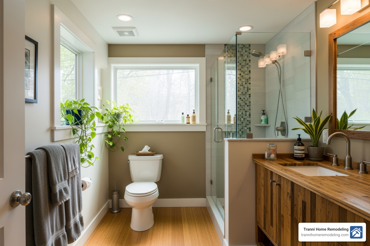 green remodeling blueprint showing sustainable design elements - Eco-friendly bathroom remodel